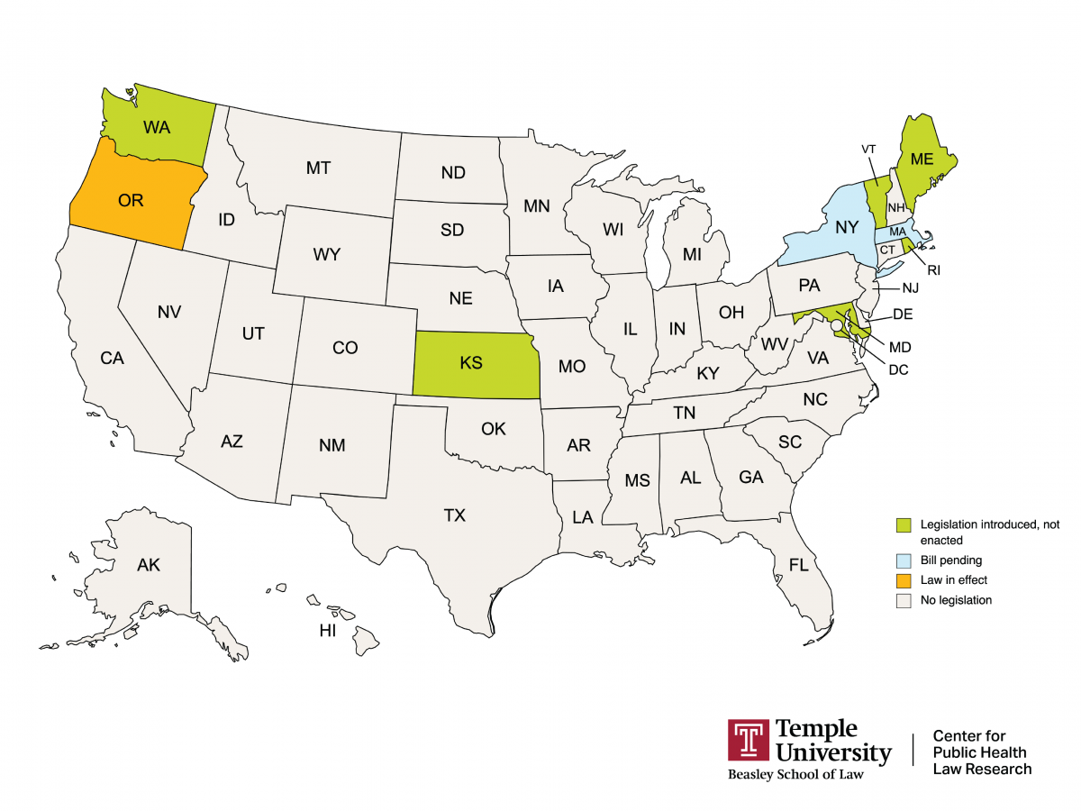 Map of US 50 states and D.C. with different states highlighted. Oregon is highlighted in ochre because it has a law in effect. Washington, Kansas, Maine, Vermont, Maryland, Delaware, and Rhode Island are highlighted in lime because the legislation was introduced, but not enacted. New York and Massachusetts are highlighted in icy blue because a bill is pending. The rest of the states are highlighted in eggshell because no legislation was introduced.